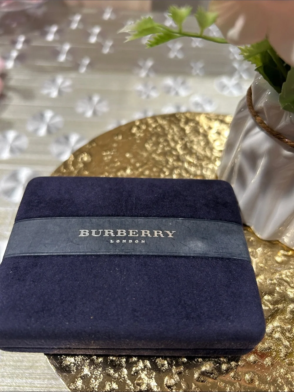 7069. Vintage Burberry London Cufflink & Tie Clip Set. Gold tone MOP w/ Box.